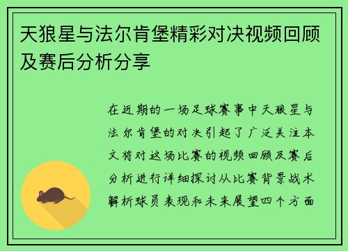 天狼星与法尔肯堡精彩对决视频回顾及赛后分析分享